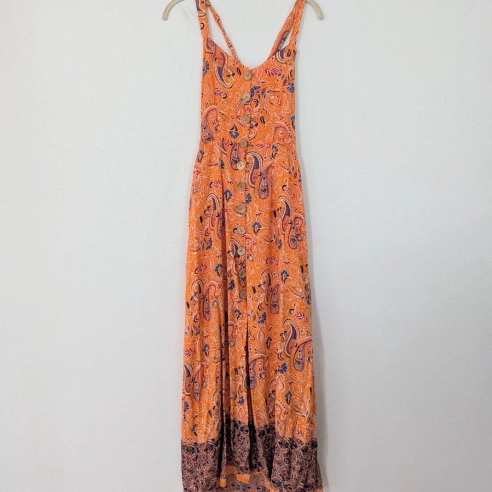 Angie Button Front Paisley Print Maxi Dress Open Back Tie Orange Medium M